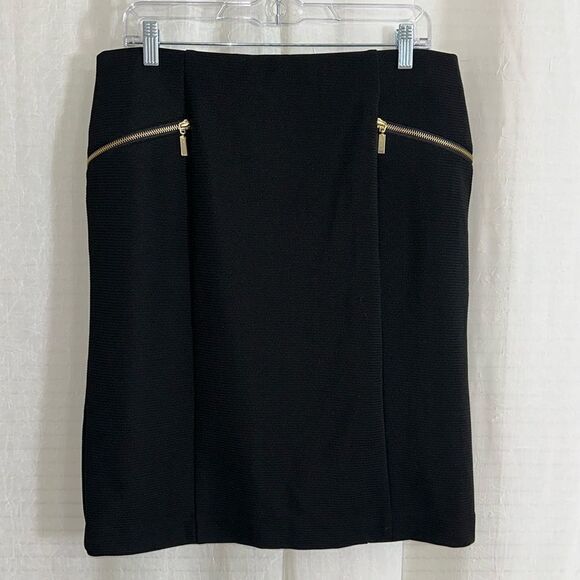 Alfani 14 Modern Edge Deep Black Ribbed Gold Tone Zip Details Pencil Skirt NWT - Picture 1 of 12